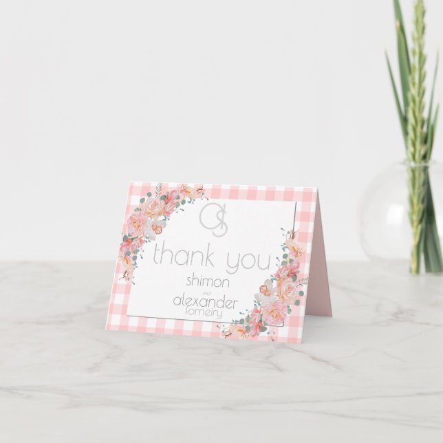 Tack | Monogram Coral Gingham Anteckningskort (Framsida)