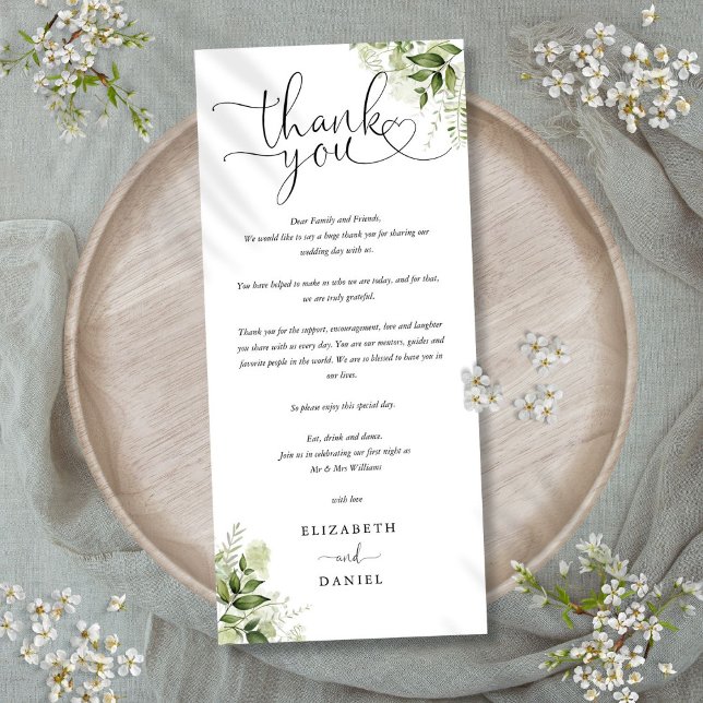Tack-monteringskort för grekiska skript Bröllop Meny (Greenery Script Wedding Thank You Place Card)