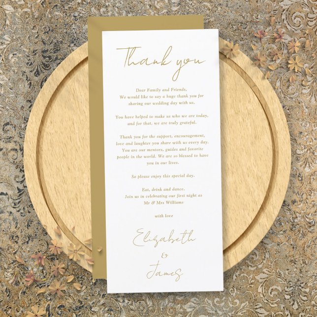 Tack-monteringskort för Guld minimalistpris Bröllo Meny (Gold Minimalist Wedding Thank You Place Card)
