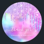 Tack Namn Bröllop Glitter Holograph Rosa Runt Klistermärke<br><div class="desc">Tittar du för perfekten som avslutar beröring till dina bröllopsfavoriter eller tack för dina kort? Se bara på den klassiska Rosa-rund-etiketten från Namn Bröllop vid Glitter. Det här klistermärket är perfekten för att ge ditt bröllop en aning glam och personlig anpassning. Den holografiska rosan färg fångar öga och kommer att...</div>