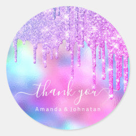 Tack Namn Bröllop Glitter Holograph Rosa Runt Klistermärke