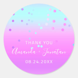 Tack Namn Datum Blått Rosa Pastel Confetti Runt Klistermärke