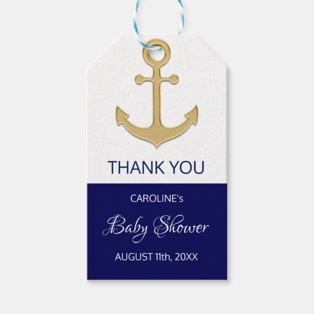 TACK Nautical Navy Blue Anchor BABY SHOWER Presentetikett (Framsidan)