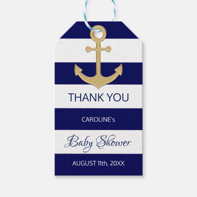 TACK Nautical Navy Blue Anchor BABY SHOWER Presentetikett (Framsidan)