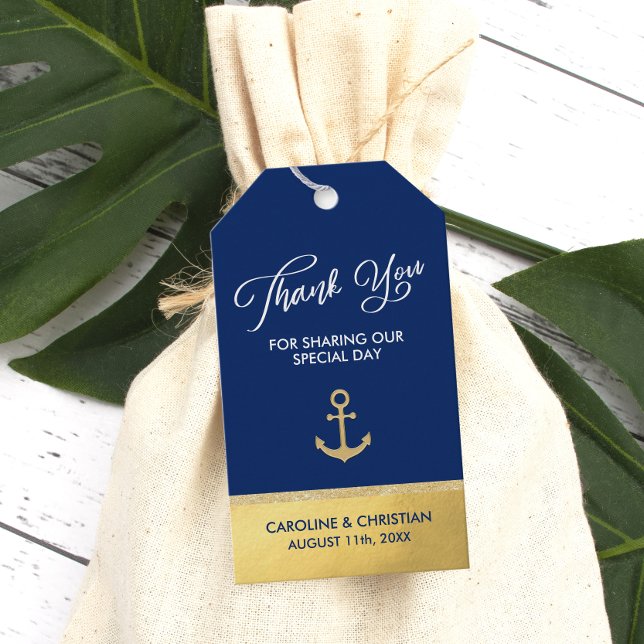 TACK Navy Blue Faux Gold Foil Anchor Bröllop Presentetikett (THANK YOU Navy Blue Faux Gold Foil Anchor Wedding Gift Tags)