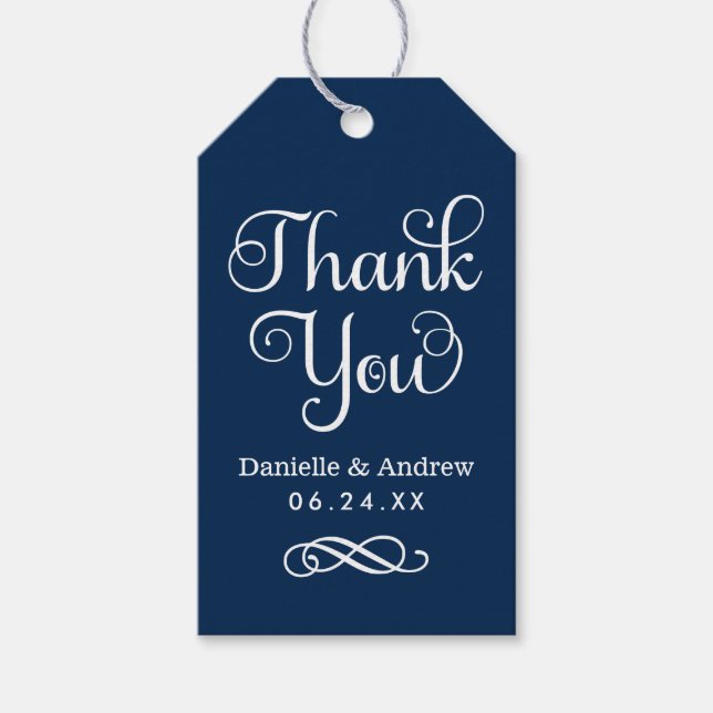 Tack Navy Blue Modern Script Bröllop Presentetikett (Framsidan)