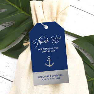 TACK Navy Blue Silver Foil Anchor Bröllop Presentetikett