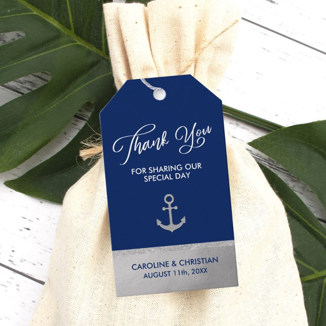 TACK Navy Blue Silver Foil Anchor Bröllop Presentetikett (THANK YOU Navy Blue Silver Foil Anchor Wedding Gift Tags)