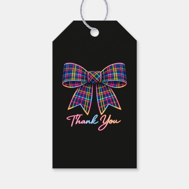 Tack Neon Tartan Bow Skotsk Ljus Mönster Presentetikett (Framsidan)