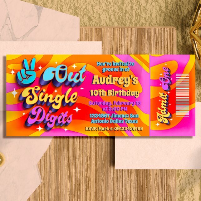 Tack Och Lov För Ensiffriga Nummer Jag Är 10 Bilje Inbjudningar (Peace Out Single Digits - Groovy Retro 10th Birthday Ticket Invitation )