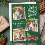 Tack och lov, Grönt för blästerfoto för Lastbil-ba Julkort<br><div class="desc">Modern Calligraphy Script Thankful Blsed 3 Photo Collage Helgdag Card innehåller Craft Tape and Watercolor Vintage Red Lastbil med Julgran. Skogens Grönt - bakgrund.</div>