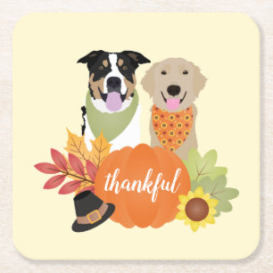 Tack och lov Hundar Thanksgiving Harvest Pumpkins Underlägg Papper Kvadrat