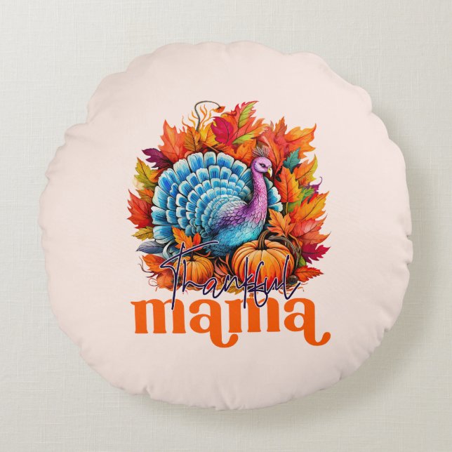 Tack och lov Mamma Turkiet och Höst löv Foliage Rund Kudde (Framsidan)
