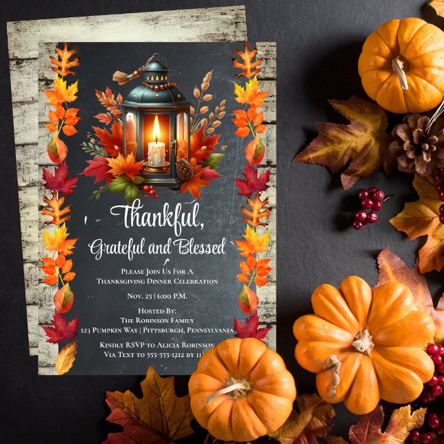 Tack och lov, och tack och lov, Thanksgiving Midda Inbjudningar ("Thankful, Grateful and Blessed" Candlelit Lantern Thanksgiving Dinner Celebration Invitation)