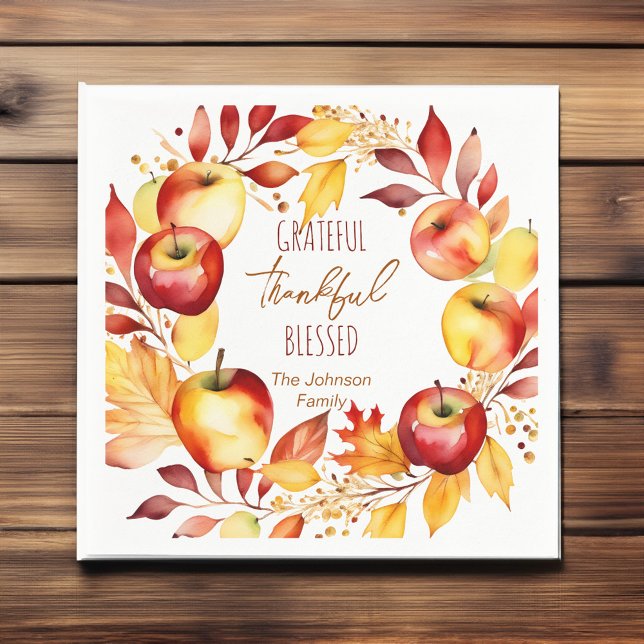 Tack och lov, tabbarna för välsignad thanksgiving pappersservett (Grateful thankful blessed thanksgiving dinner tableware personalized napkins watercolor apple wreath)
