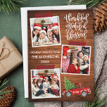 Tack och lov, tack och lov, tomt band av trä med L Julkort<br><div class="desc">Modern Calligraphy Script Thankful Blsed 3 Photo Collage Helgdag Card innehåller Red Buffalo Play Craft Tape och Watercolor Vintage Red Lastbil med Julgran. Rustic Land Wood Print.</div>