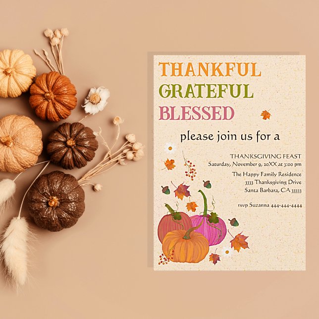 Tack och lov, välsignad knumpkins Fall Inbjudningar (Thanksgiving dinner invitations pumpkins, thankful, grateful and blessed. Easy to personalize)