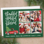 Tack och lov, välsignad Lastbil 4-foto-Grönt Julkort<br><div class="desc">Modern Calligraphy Script Thankful Blsed 4 Photo Collage Helgdag Card innehåller en Watercolor Vintage Red Lastbil med Julgran. Skogens Grönt - bakgrund.</div>