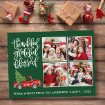 Tack och lov, välsignad Lastbil 4-foto-Grönt Vykort<br><div class="desc">Modern Calligraphy Script Thankful Blsed 4 Photo Collage Helgdag Postcard innehåller en Watercolor Vintage Red Lastbil med Julgran. Skogens Grönt - bakgrund.</div>
