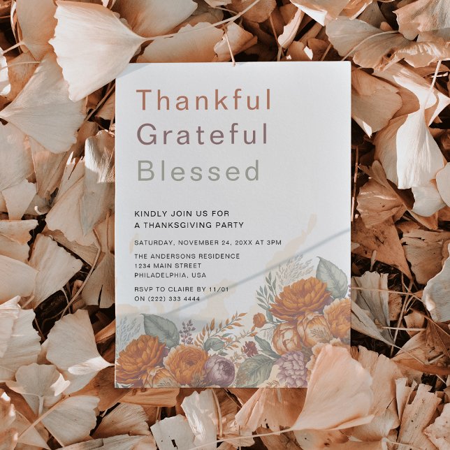 Tack och lov, välsignad Thanksgiving Party Inbjudningar (Rustic Fall Autumn Watercolor Floral Thankful Grateful Blessed Thanksgiving Party Dinner Invitation)