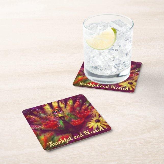 Tack och lov, välsignad Thanksgiving Turkiet Blomm Underlägg Papper Kvadrat (Insitu)