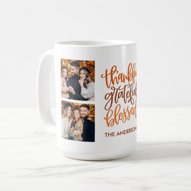 Tack och lov, välsignat Namn 4-fotofall Kaffemugg (Framsida vänster)
