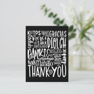 Tack på flera språk vit typografi svart vykort