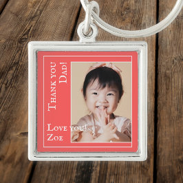 Tack Pappa i rött och vitt, foto och namn Fyrkantig Silverfärgad Nyckelring