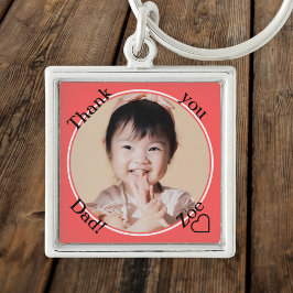 Tack Pappa i rund och röd, foto och namn Fyrkantig Silverfärgad Nyckelring