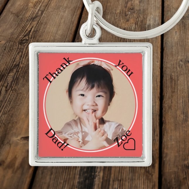 Tack Pappa i rund och röd, foto och namn Fyrkantig Silverfärgad Nyckelring (Skapare uppladdad)