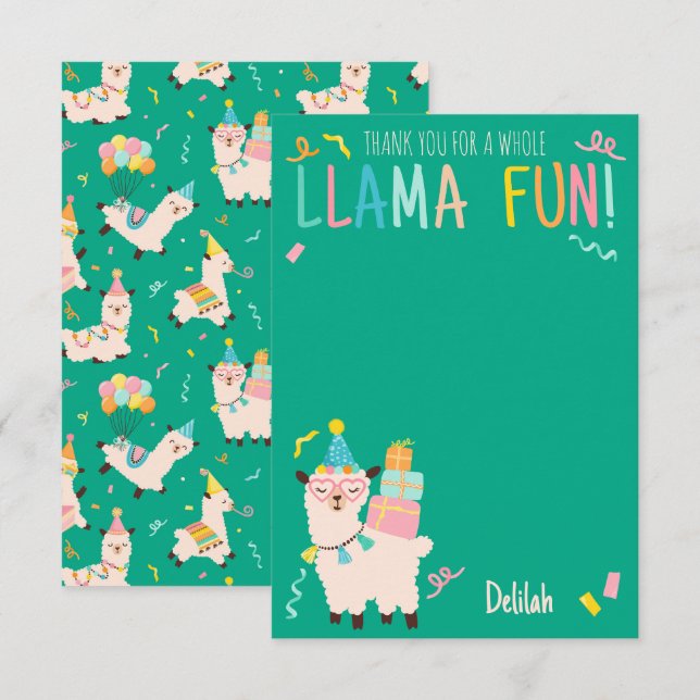 Tack Parti Djur Lama Födelsedagsflickor Grön Kort (Fram/baksida)