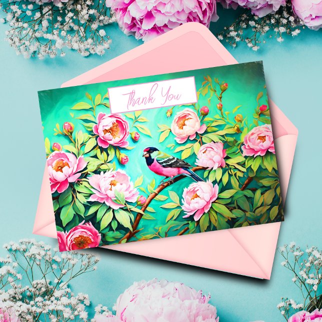 Tack Peony Gräs Gosbeak ai-konstverk Kort (Send a heartfelt thank you with this beautiful botanical thank you card created by ai artwork.)