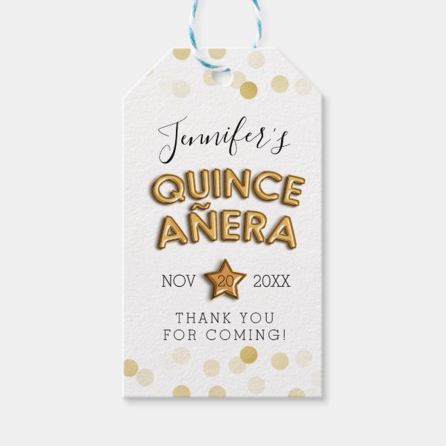 Tack Quinceañera Guld Birthday Balloons Presentetikett (Framsidan)