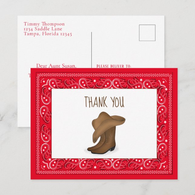 Tack Red Bandana Cowboy Cute Hat and Boots Vykort (Fram/baksida)