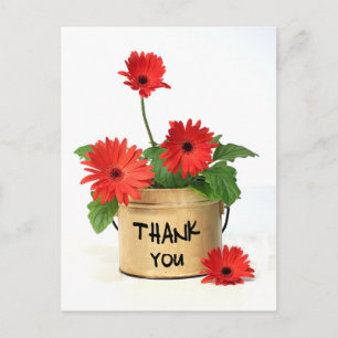 Tack Red Gerbera Daisy Flower Pot Post Card Vykort