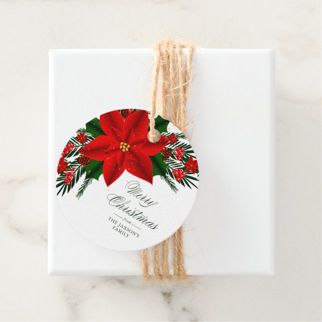 Tack Red Poinsettia Gräs Greenery Träd Löv Gåvor Etiketter (På plats)