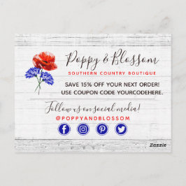 Tack Red Poppy & Cornblomma Rustic Wood Vykort
