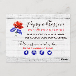 Tack Red Poppy & Cornblomma Rustic Wood Vykort