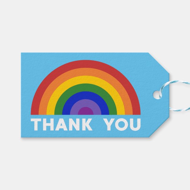 Tack regnbåge på ljusblå blått presentetikett (Framsidan (Horisontell))