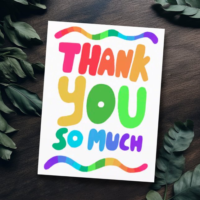 TACK Regnbågsfärgade Böjda Bubbelbokstäver  Vykort (Colorful rainbow thank you card with handlettering bubble letters)