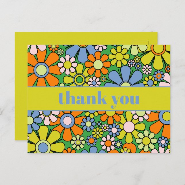 Tack - Retro Blommig Färgrik 60-70-tal Vykort (Fram/baksida)