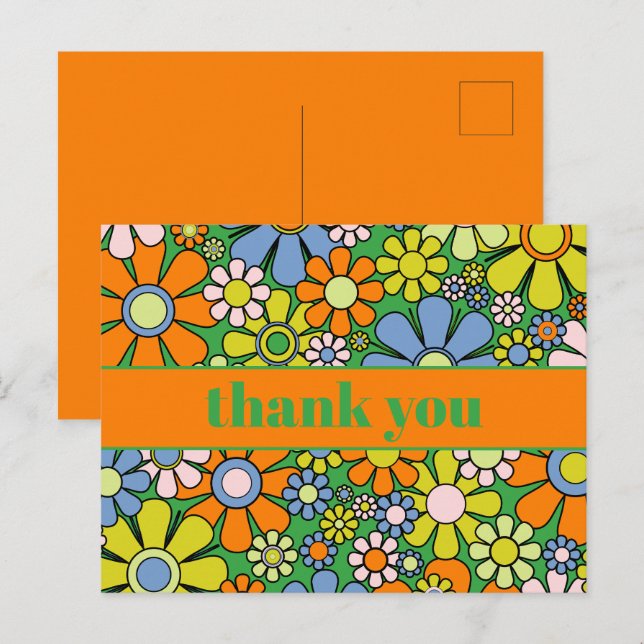 Tack - Retro Blommig Färgstark 60-70-tal Vykort (Fram/baksida)