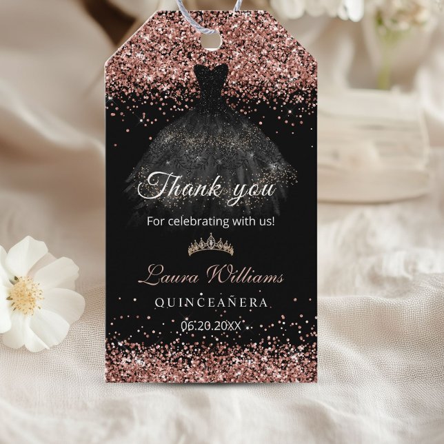 Tack - Ros Presentetikett (Rose gold and black Dress Princess Quinceañera thank you gift tag)