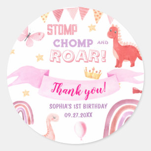 Tack Rosa Baby Dinasaur Barns födelsedag Party Runt Klistermärke