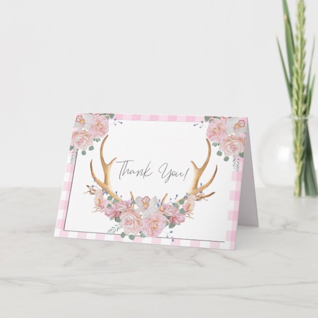 Tack | Rosa Gingham BOHO Blommigt Antlers (Framsida)