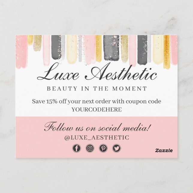 Tack  Rosa & Guld Paint Strokes Kupong Vykort (Baksida)