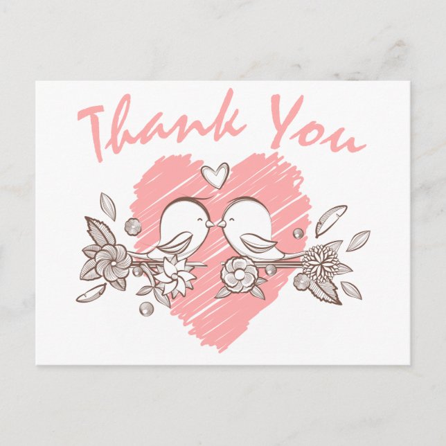 Tack Rosa Heart Lovebird Bröllop vycard Vykort (Framsida)