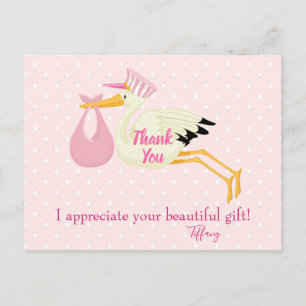 Tack Rosa Polka dots med Stork Vykort