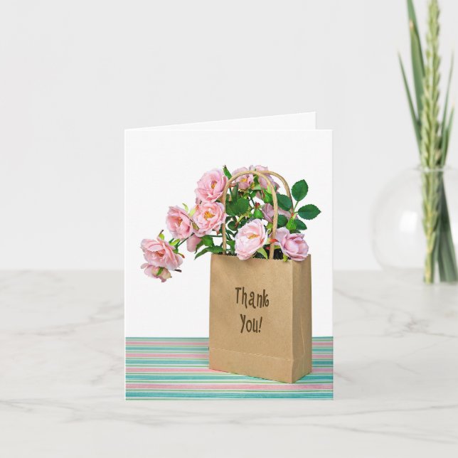Tack Rosa Rosor I Brun Påse Kort (Framsida)