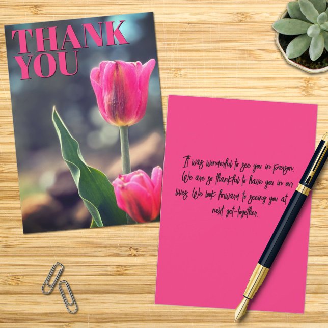 Tack Rosa Tulip Photo Anpassningsbar med platta ko Kort (front back thank you card)